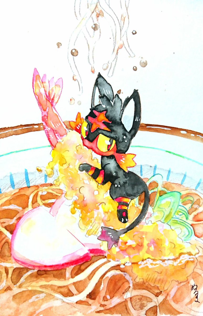 litten pokemon (creature) no humans food traditional media noodles bowl yellow sclera  illustration images