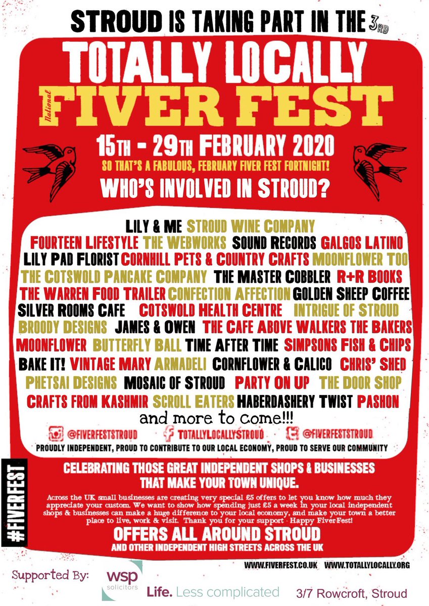Look at all the great local businesses taking part in #Stroud Fiver Fest in February @LilyMeClothing @fourteenstroud @stroudwine @WebworksStroud @GalgosLatino @IntrigueStroud @RandRBookshop @StroudVintage @SimpsonsChippy #shoplocal #stroudfiverfest #FiverFest #WDYT @Armadelicious