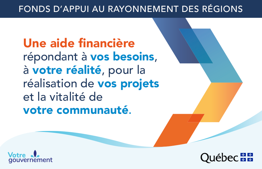 Fonds d'appui au rayonnement des régions
Une aide financière répondant à vos besoins, à votre réalité, pour la réalisation de vos projets et la vitalité de votre communauté.
