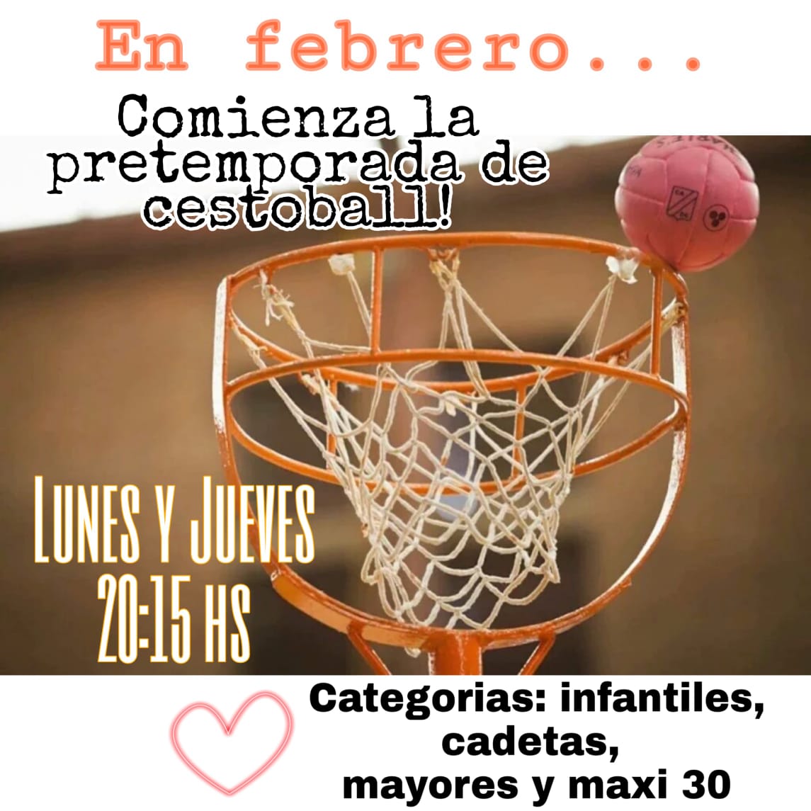 #Cestoball Lunes 3 de Febrero 20:15hs comienza la pretemporada a cargo de los profesores Francisco Di Filippo y Alejandro Padin.