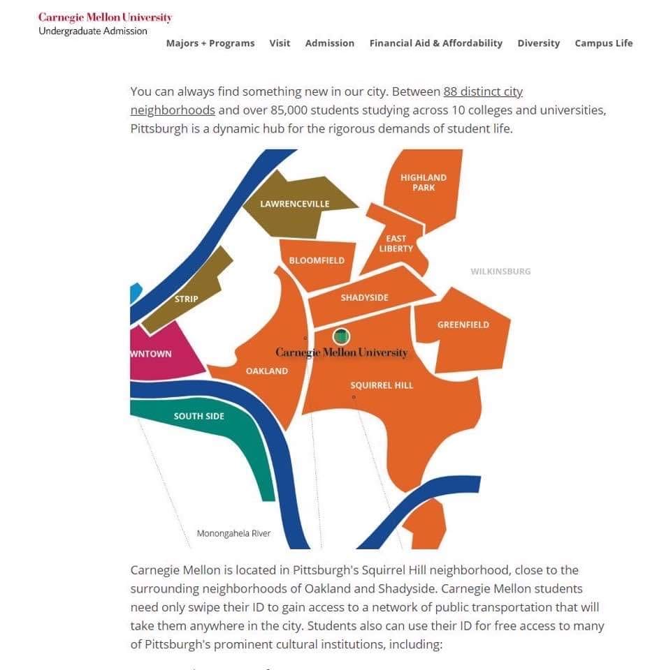 Here is a screenshot from the University Admissions  @CM_Admission's website, where they mention "88 city neighborhoods" in text, but notably admit the Hill District, a historically black neighborhood close to campus.