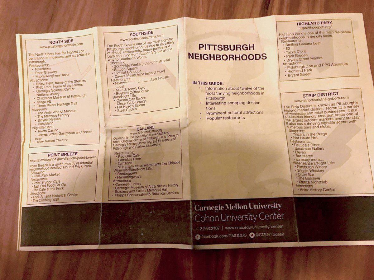 Here are two photos of the Cohen University Welcome center's brochure of "Thriving" neighborhoods in Pittsburgh, given to newly admitted students, to tell them where to shop, see sights, and eat. Again, missing is the Hill District.