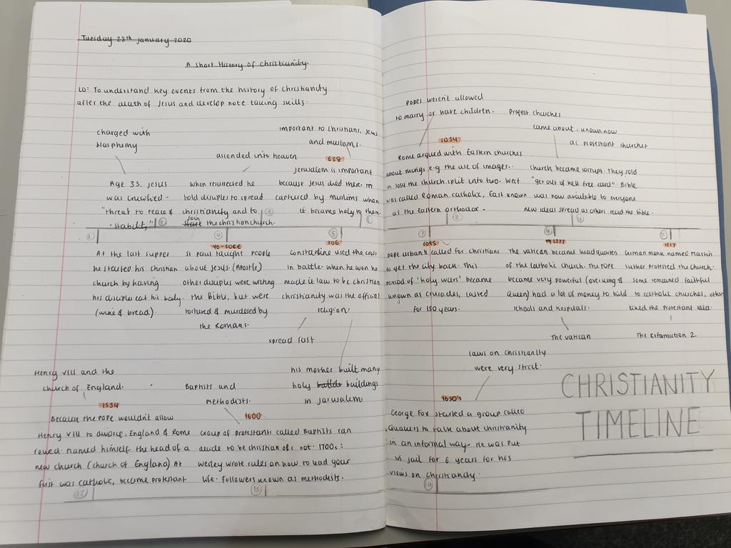 DenbighRE's tweet photo. Year 10's were taught lecture style today. Only instruction was to listen to the story of 'The History of Christianity' and to make notes on the bits that interest them. Needless to say I am impressed. #contextoflearning #curious #notes #independence #christianity #aqars https://t.co/qnsszrlIMd