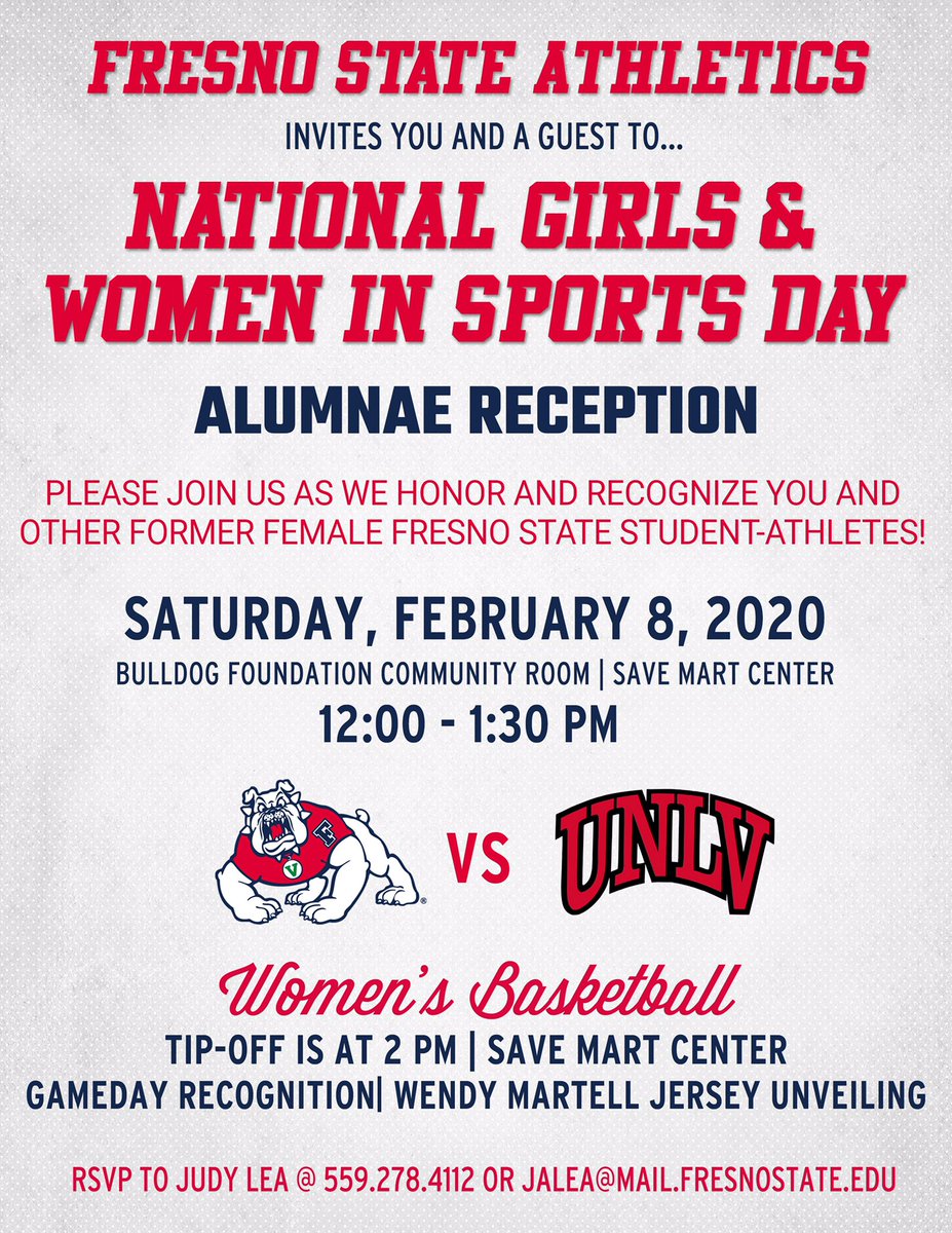 To all of our alumnae, you &amp; a guest are invited to our @BDF_Members' National Girls &amp; Women in Sports Day Alumnae Reception <a href="/SaveMartCenter/">Save Mart Center</a> on Feb. 8th from 12-1:30pm PT before <a href="/FresnoStateWBB/">Fresno State WBB</a> hosts UNLV at 2pm PT.

#GoDogs | #PrideOfTheValley | #BulldogBornBulldogBred | #NGWSD