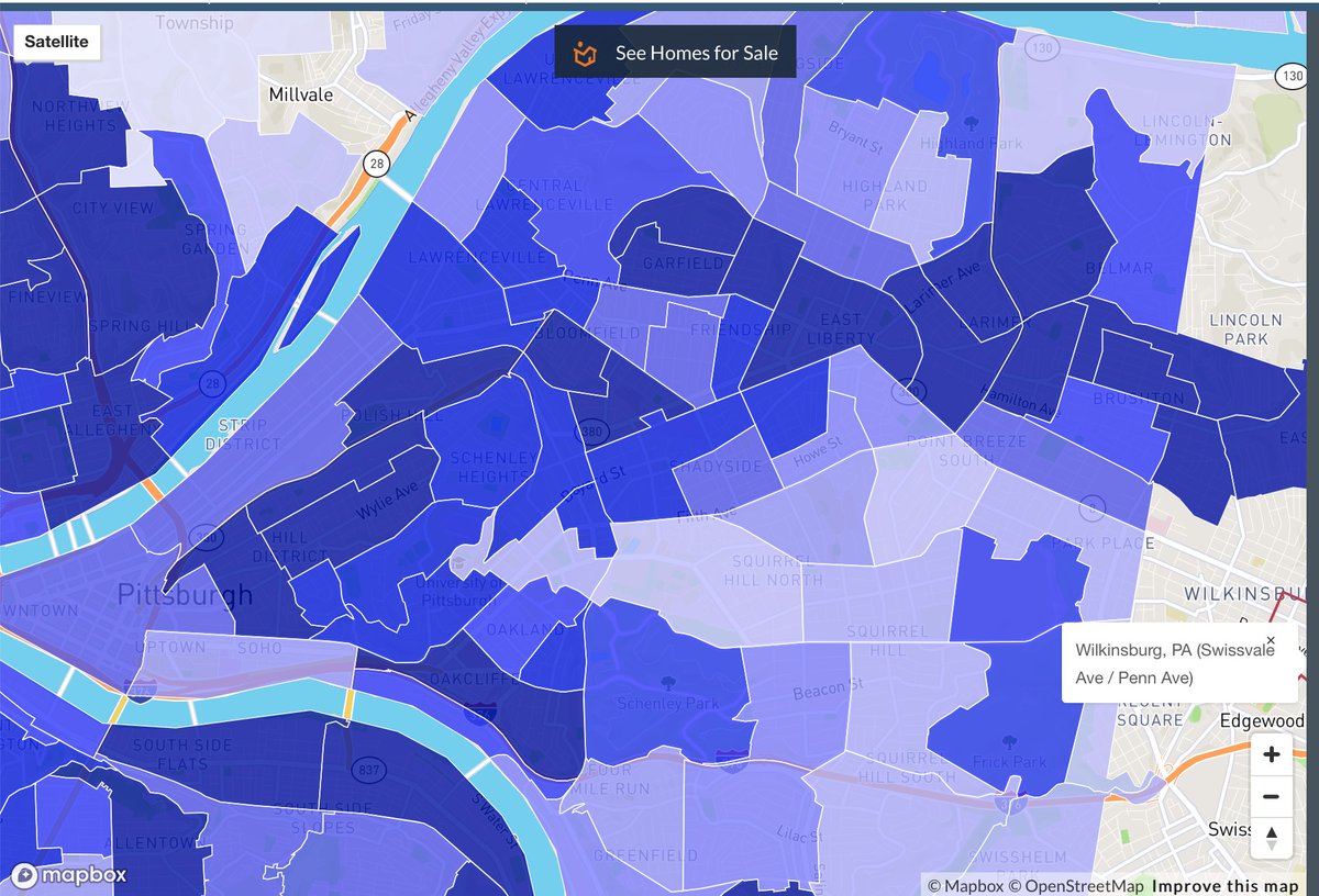 also, in case you think this is about "CMU protecting students from crime", its not: see this map of crime stats, and see that sections of Bloomfield, Oakland, Greenfield, South Side, and East Liberty, all recommended by CMU, are also dark blue thus "high crime":