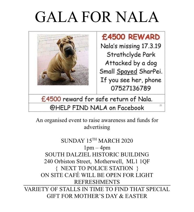 #HelpFindNala #GalaForNala .. Nalas gala will be 1-4pm 15/03/20 ML1 1QF.. nearly a year to the day she went missing 🐾 find the perfect gift for Mother’s Day and help Nalas mum not suffer another one without her 💔  #MissingDog #Scotland #Motherwell  <a href="/crafty_coo/">Lorraine Robertson</a>