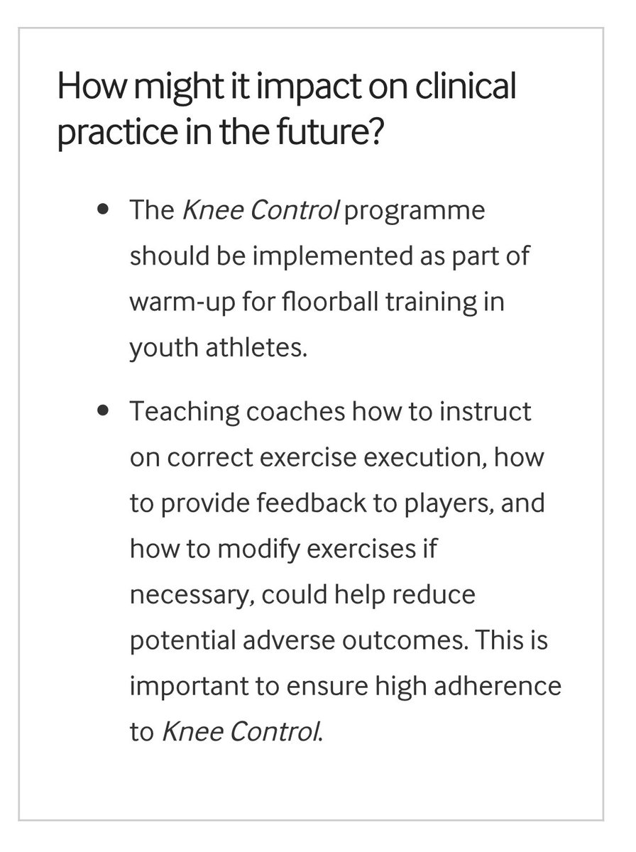 MHgglund's tweet photo. Another important finding: Girls in the NMT intervention group had a 2.5 times ⬆️ prevalence of gradual onset knee pain than the control group. Possible adverse outcome from ↗️ knee loading w/ exercises? Coach/athlete support needed https://t.co/Bp42JeGNKC https://t.co/F0wBsJPaAC