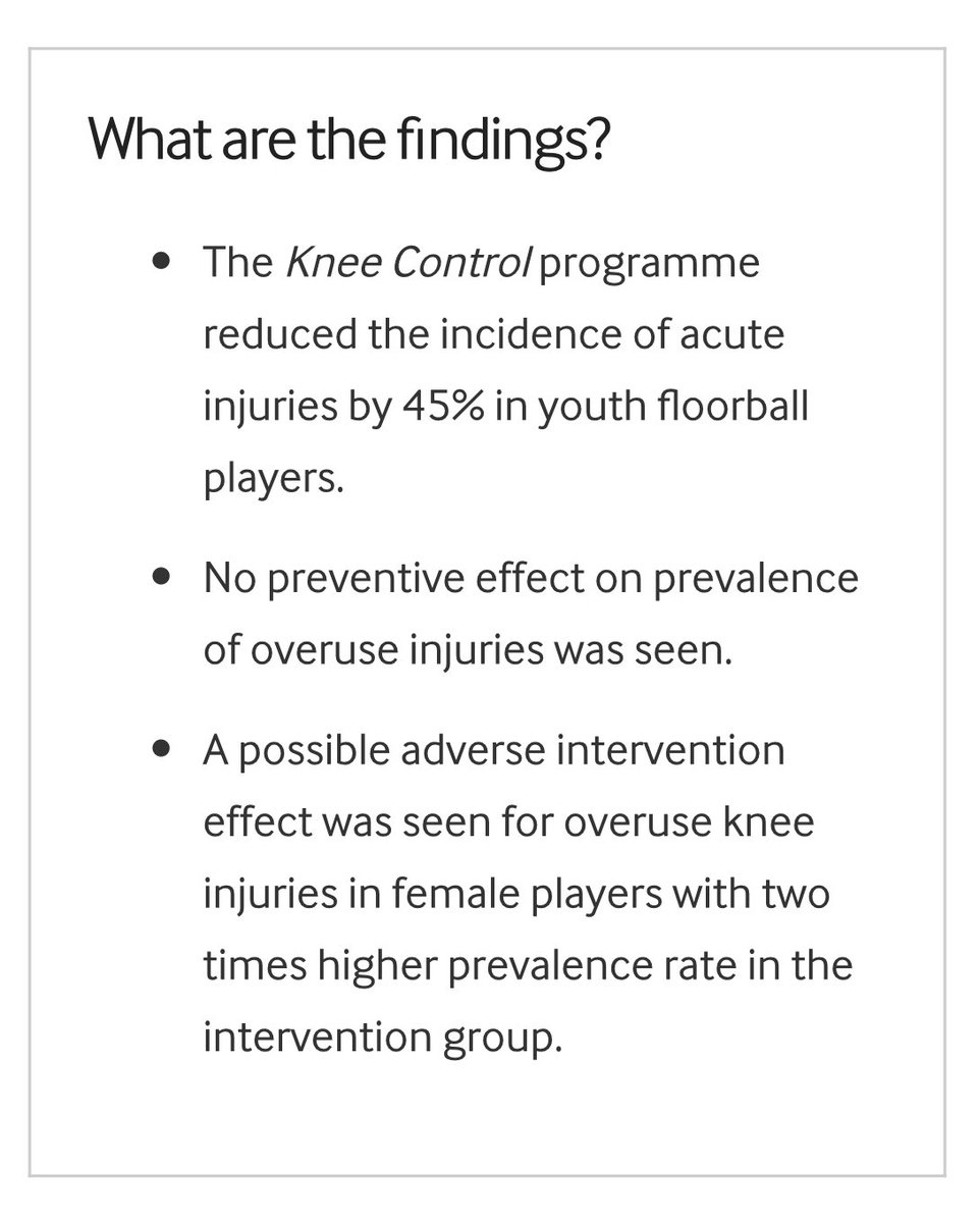 MHgglund's tweet photo. Another important finding: Girls in the NMT intervention group had a 2.5 times ⬆️ prevalence of gradual onset knee pain than the control group. Possible adverse outcome from ↗️ knee loading w/ exercises? Coach/athlete support needed https://t.co/Bp42JeGNKC https://t.co/F0wBsJPaAC