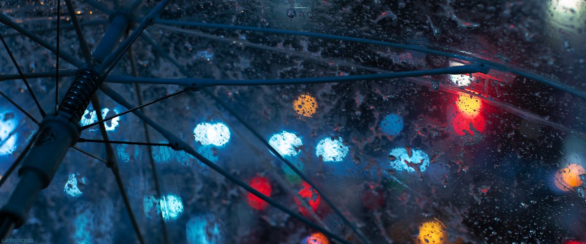 Photography by Liam Wong of Tokyo at night. The inside of a transparent umbrella. Snow is forming on it. Traffic and neon signs can be seen beyond it but they are in bokeh and introduce orbs of light to the otherwise detailed umbrella image.