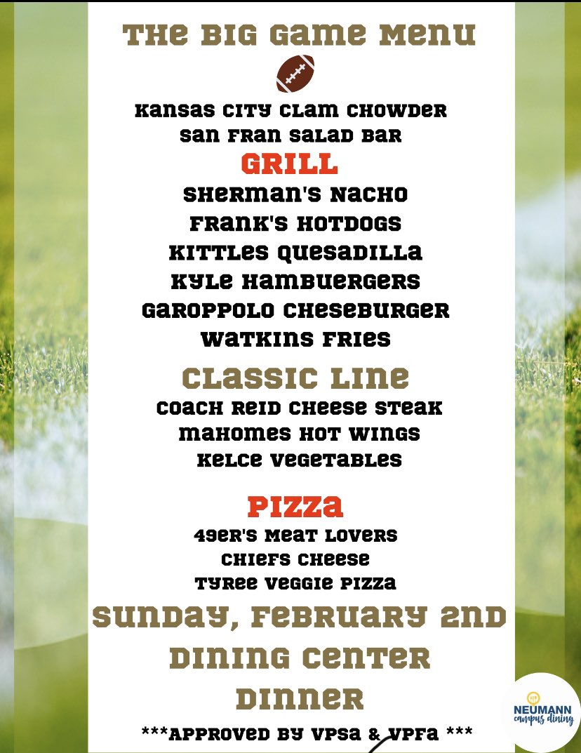 NeumannUDining's tweet image. Touchdown!! Make sure to stop by the dining hall for some game time favorite foods this Super Bowl Sunday! 🏈