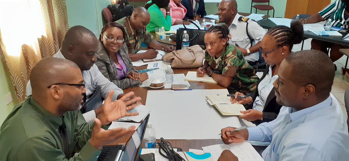 COPSKNPolice's tweet photo. Police Officers and Soldiers brainstorming during an activity at the Crime Victimisation Survey Training Course. The training is hosted by the Ministry of National Security #MONS and the facilitators are from the United Nations Office on Drugs and Crime @CdE_UNODC #RSCNPF #Police https://t.co/Ln6EWA0PoU