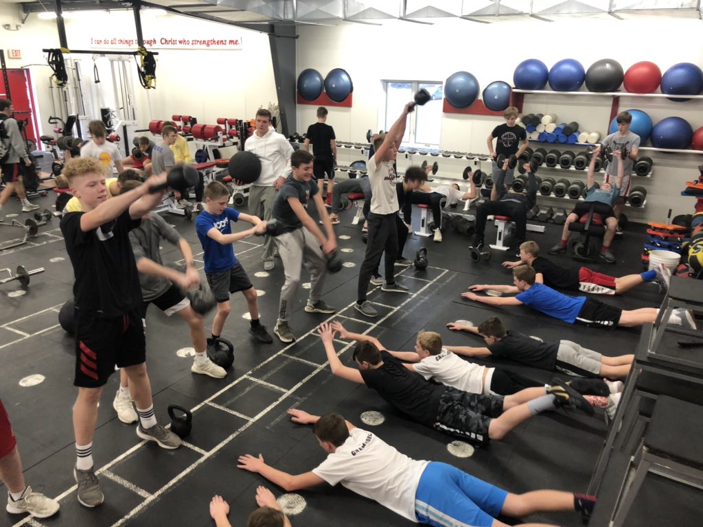CoachSteinKHS's tweet image. Packed house in the weight room yesterday with over 70 boys! Lots of different ages and ability levels all able to work hard and efficiently thanks to @RackPerformance #GetBetter #KnightStrength #Culture