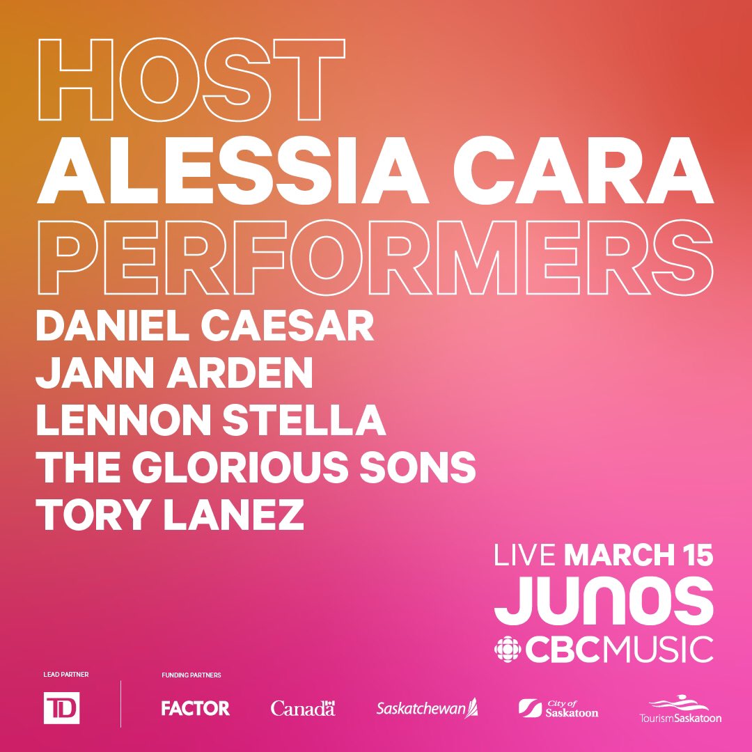 TheJUNOAwards's tweet image. CONFIRMED: @alessiacara, @DanielCaesar, @jannarden, @lennonstella, @TheGloriousSons and @torylanez will take the stage at Canada's Biggest Night in Music.🎵 Don't miss the #JUNOS on March 15✨