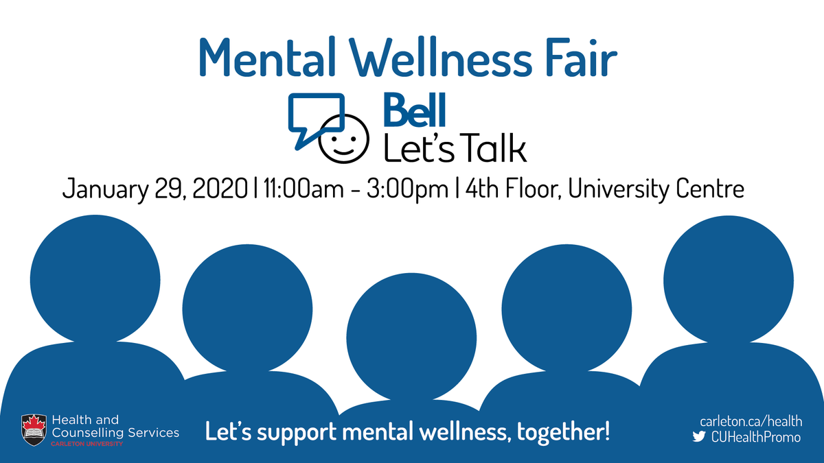 CUHealthPromo's tweet photo. Tomorrow is #BellLetsTalk and Health Promotion is hosting a Mental Wellness Fair complete with massages, hot tea, a community colouring mural, a plant workshop, a stress ball workshop, prizes (Including a $130 JBL Speaker), CU therapy dogs and so much more! https://t.co/OjaWzyePPk