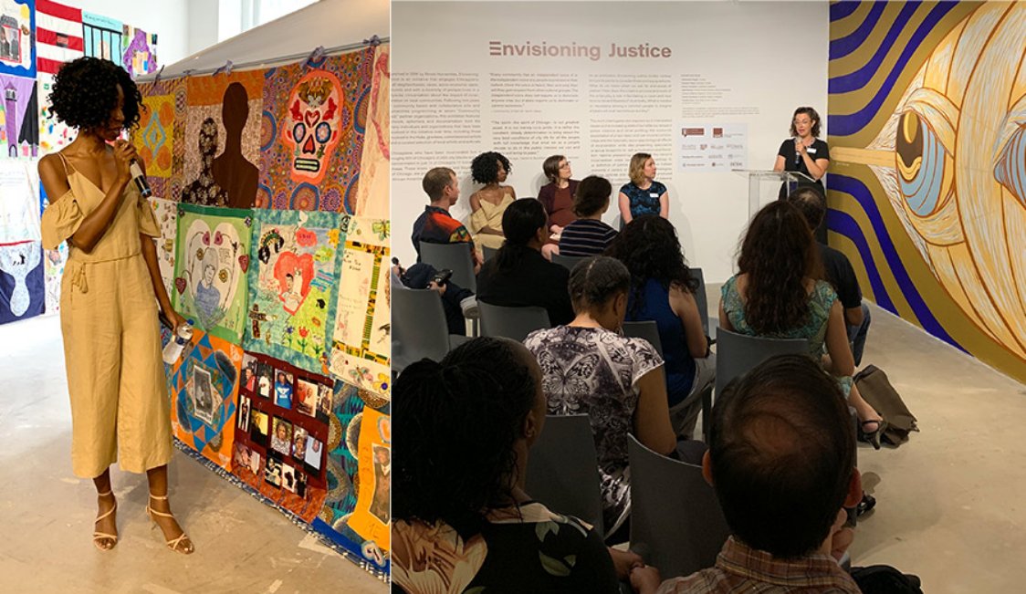 woman in art exhibit, woman talking to people