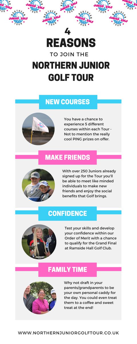 4 Reasons to join the Northern Junior Golf Tour...

⛳ Opportunity to play new courses
⛳ Make lasting friendships 
⛳ Build and develop confidence on and off the course
⛳ Enjoy some time with the family 

Further details are available at our website on northernjuniorgolftour.co.uk