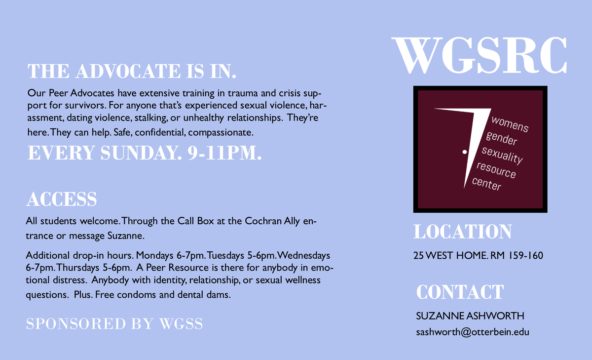 OtterbeinSJandA's tweet photo. This Spring the Women's Gender &amp; Sexuality Resource Center is holding weekly "The Advocate Is In" drop-in hours. Every Sunday. 9-11pm. Don't hesitate to stop by! https://t.co/Z6ssmBQU91