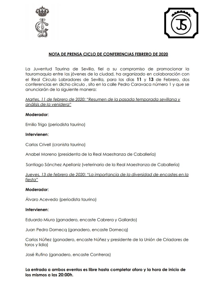 Interesantes conferencias que han organizado los amigos de <a href="/JTaurinaS/">Juventud Taurina Sev</a> para febrero en colaboración con el Real Círculo de Labradores de Sevilla ⬇️
