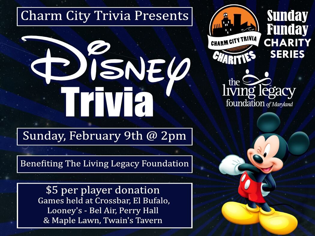 TheLLF's tweet photo. We are looking forward to this #Disney #Trivia event hosted by @CharmCityTrivia to benefit #TheLLF! Games will be held across #Maryland in Baltimore, Bel Air, Nottingham, Fulton, and Anne Arundel on Sunday, February 9 at 2 p.m. Don't miss it! https://t.co/f2ciajcP68