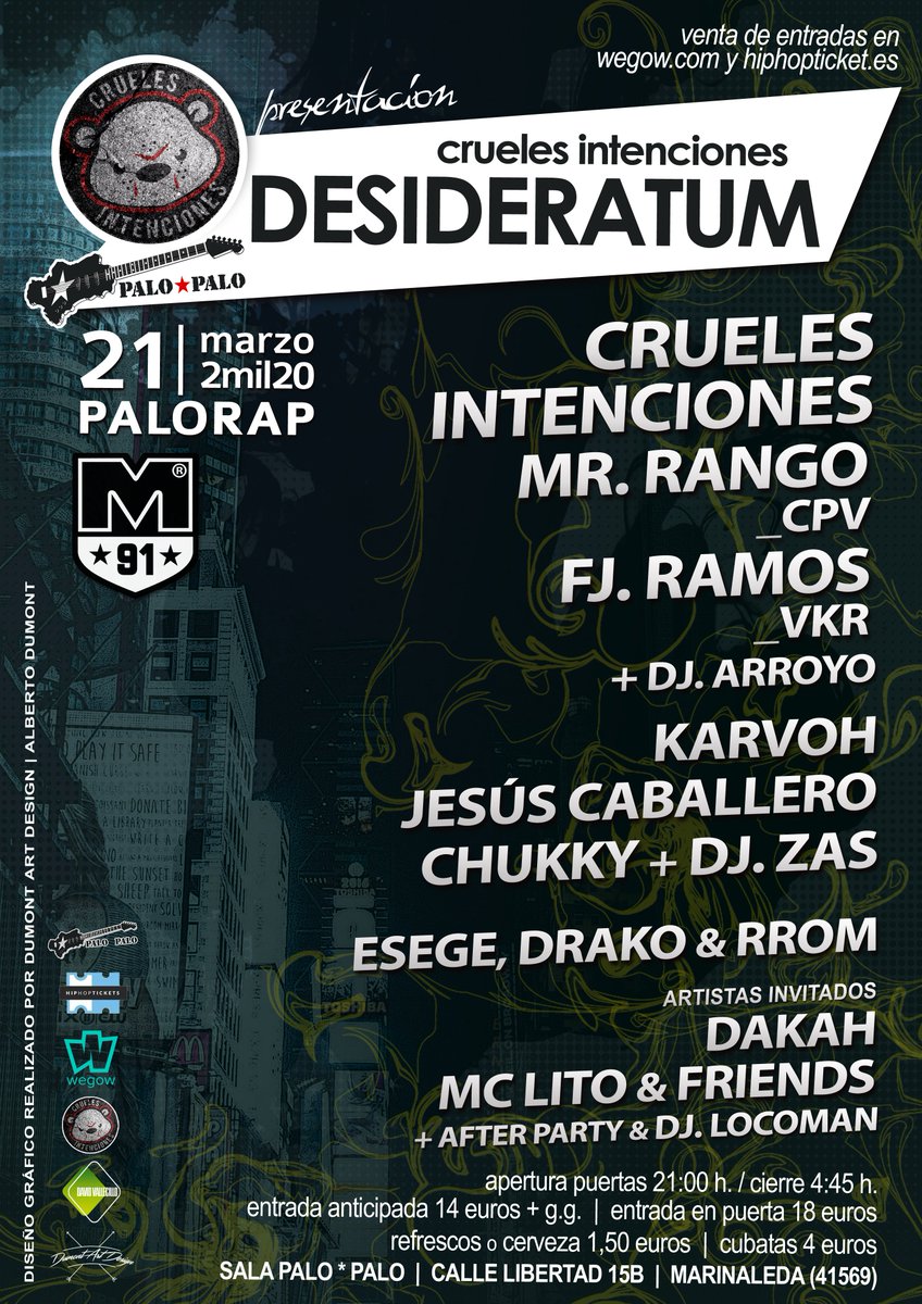 MAD91Familia's tweet photo. #PALORAP 2️⃣0️⃣2️⃣0️⃣ #Marinaleda
💣 @Crueles39 presentan #Desideratum
💣 Mr. Rango (CPV)
💣 FJ. Ramos (VKR) + DJ Arroyo
💣 Karvoh
💣 Jesús Caballero
💣 Chukky
💣 Esege, Drako, Rrom,
🧨 Iinvitados: Dakah y MC. Lito &amp; Friends
😈 After Party: Dj Locoman
🎟️ 14€+gsts/Taq. 18€ https://t.co/0T1Hb94z35