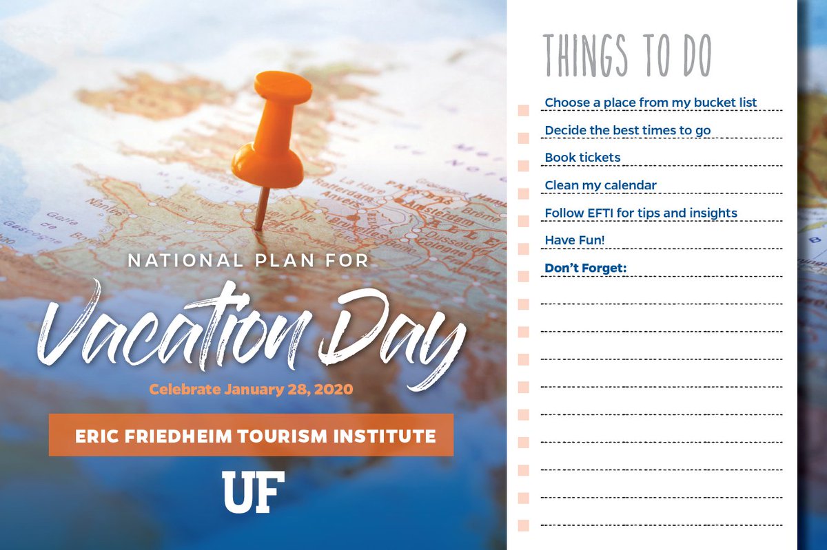EFTI_UF's tweet photo. Happy National Plan for Vacation Day! According to @USTravel, every year more than half American workers do not use their vacation time. Vacation is proven to help increase happiness while stimulating the economy and creating jobs. Use today to #PlanForVacation! https://t.co/YEI9FeJSRn