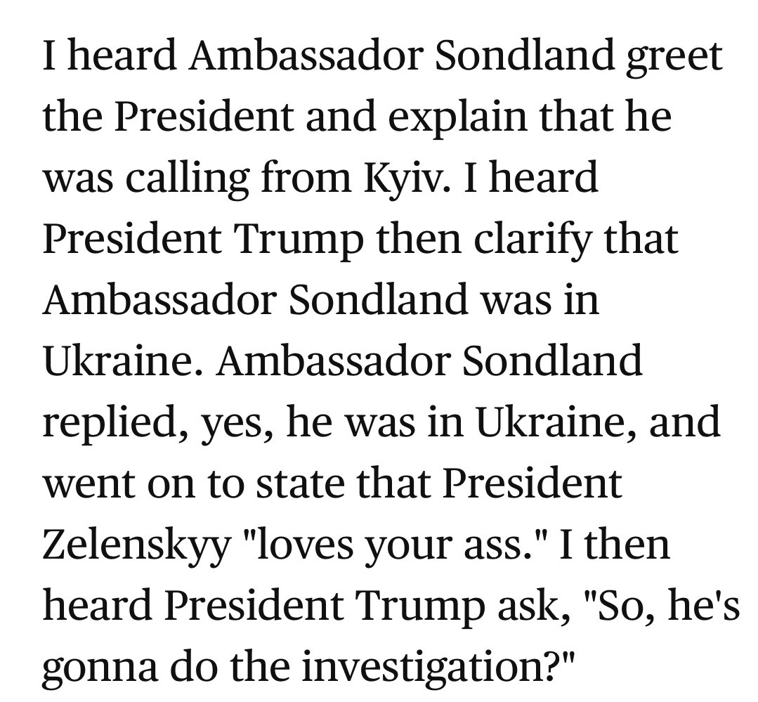 When Gordon Sondland called  @realDonaldTrump on July 26 and said he was in Kyiv, Trump had to ask whether Sondland was in Ukraine, according to the testimony of embassy staffer David Holmes.  https://www.cbsnews.com/news/david-holmes-statement-impeachment-inquiry-full-opening-statement/