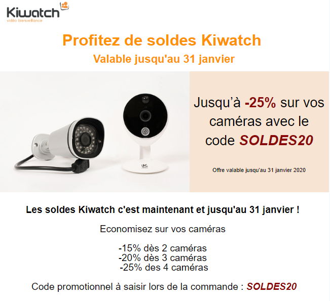 KiwatchLive's tweet photo. Les soldes Kiwatch c'est maintenant 🙂
Jusqu'à -25% sur vos caméras pour toute nouvelle souscription jusqu'au 31 janvier !
Rendez-vous sur https://t.co/x1C8IDTUVZ
#soldes #videosurveillance #securite https://t.co/LHhE8TlBLQ