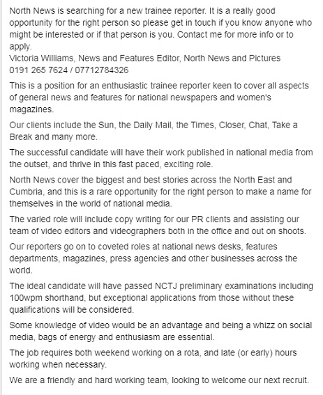 VAWilliamsNNP's tweet photo. We are still looking for an addition to the @northnews team. Please pass on to students past and present. Get in touch for more info #journalismjobs https://t.co/FqVxtQBQAH