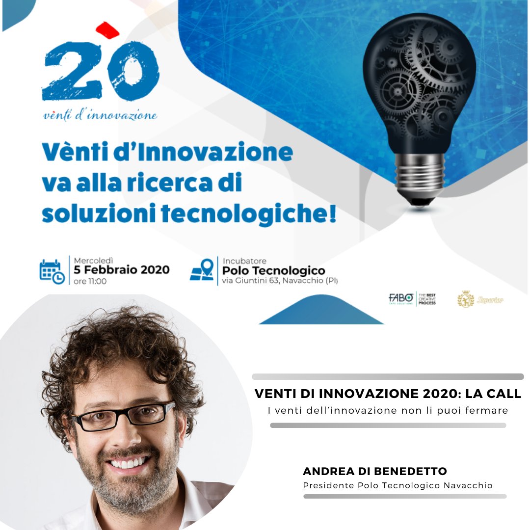 I venti dell’innovazione non li puoi fermare! 
Ce ne parlerà il nostro presidente Andrea Di Benedetto mercoledì 5 febbraio, presentandoci le nuove sfide della call "Venti d'Innovazione 2020".

Registrati qui all'incontro --> bit.ly/37yaheh

#ventidinnovazione
