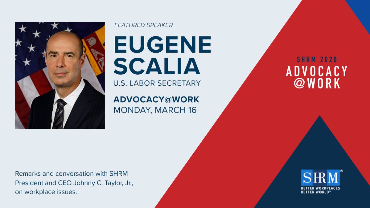SHRM is proud to announce that <a href="/USDOL/">U.S. Department of Labor</a> <a href="/SecGeneScalia/">Secretary Scalia - Archived</a> will speak at the 2020 Advocacy @ Work Conference. Scalia will discuss the importance of workplace policy and the value of taking action to improve working conditions for all. shrm.co/advocacy2020 #SHRMAdvocacy #Policy