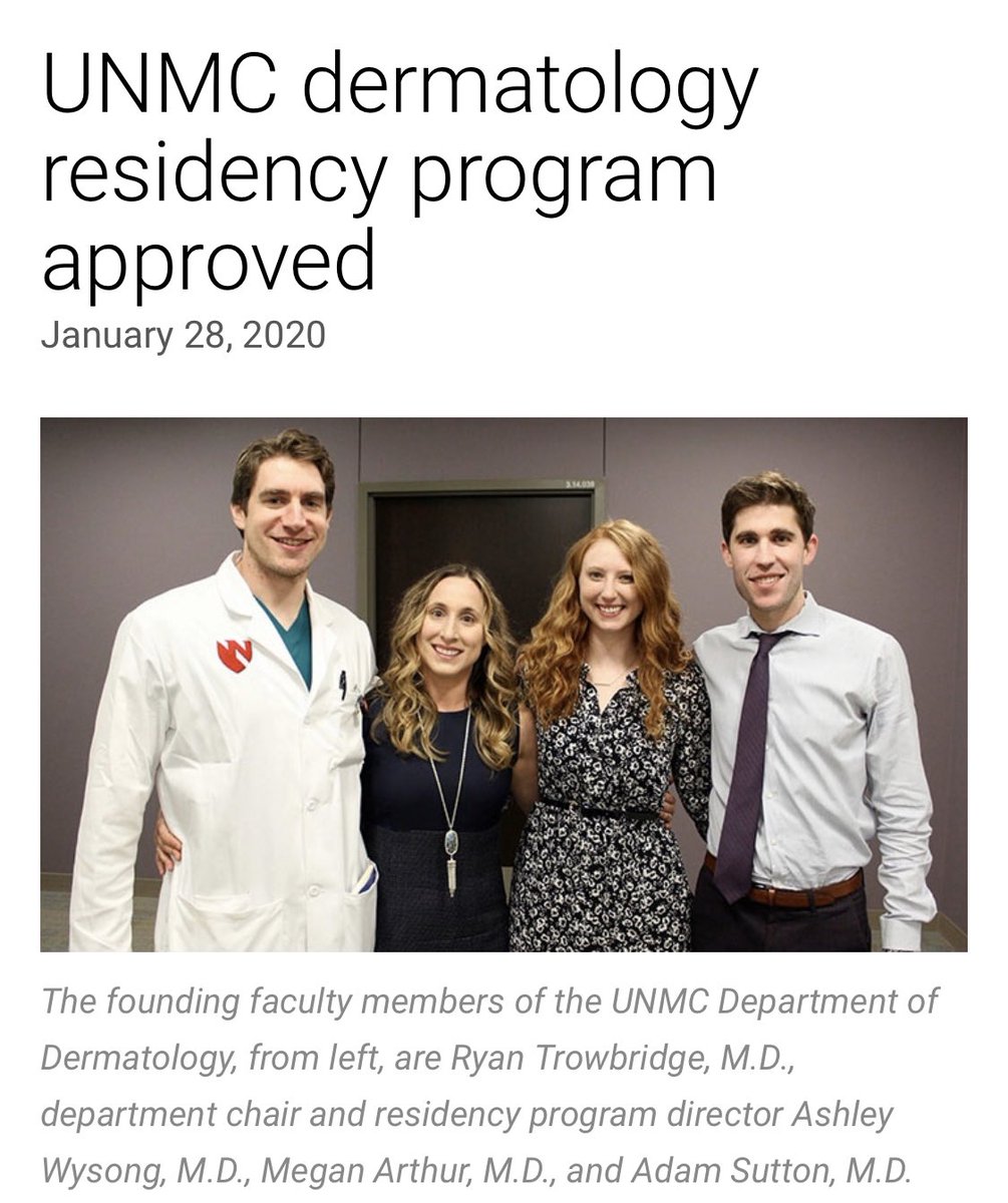 AshleyWysongMD's tweet photo. @UNMCDermatology is so pleased to announce we have received initial @acgme accreditation for an residency training program in #dermatology @UNMCCOM @NebraskaMed @AADskin @AAMCtoday @ASDSmembers #MedEd #medtwitter #academicderm #fearlesslyinnovate https://t.co/a7XHaL6Nea