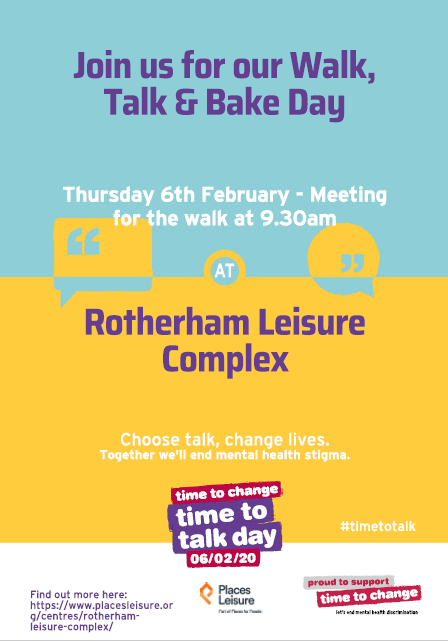 walkrotherham's tweet photo. Join us for our Walk, Talk and Bake Day in support of Time to Talk for Mental Health 
Thursday 6th February 2020
Rotherham Leisure Complex 
Walk and Talk to Clifton Park with our #WalkRotherham team at 9.30am Join us after for a cuppa and cake in the cafe area from 10.15am https://t.co/LqNCWbNvJz