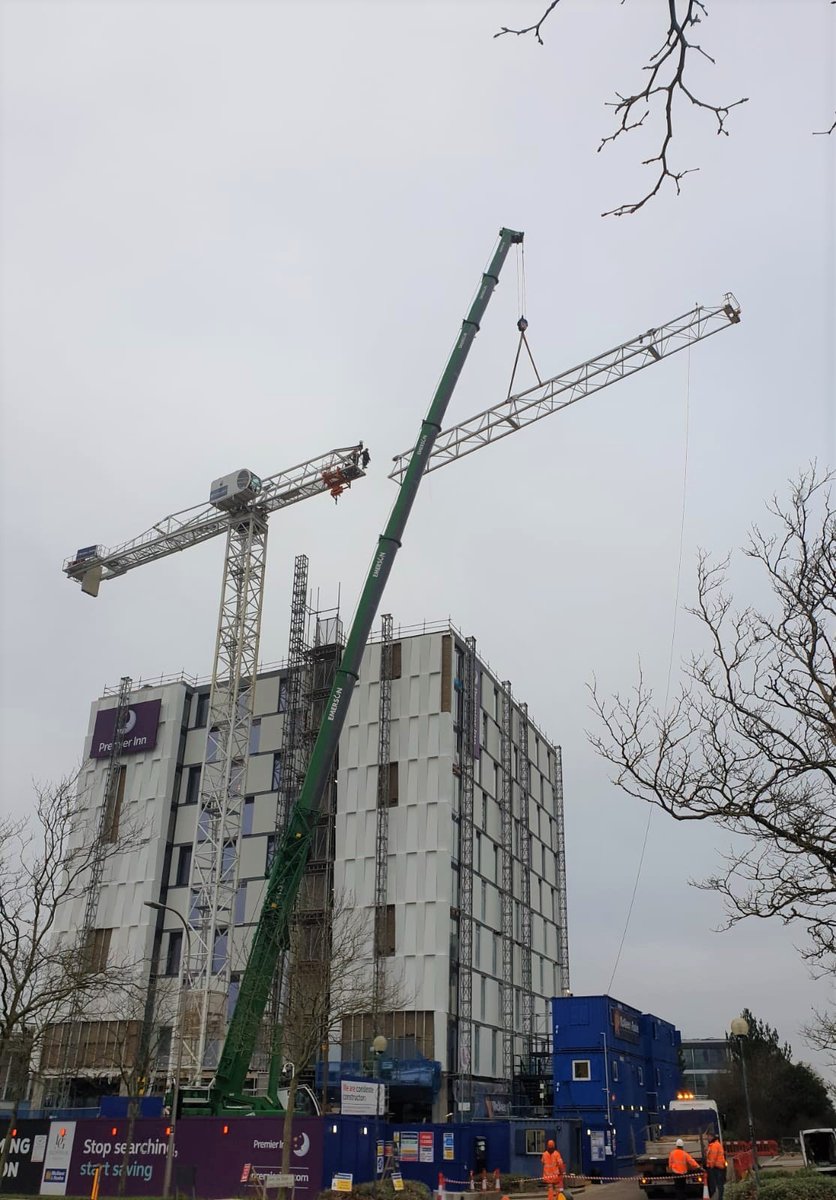 McAleerRushe's tweet photo. An exciting milestone reached in #MiltonKeynes as we dismantle the #towercrane on site and the building fully watertight. Construction is progressing very well for this 180-bedroom 10-storey @premierinn #hotel with @DominvsGroup @WhitbreadPLC @urbaninn #cranedismantle https://t.co/ArTnx48TpS