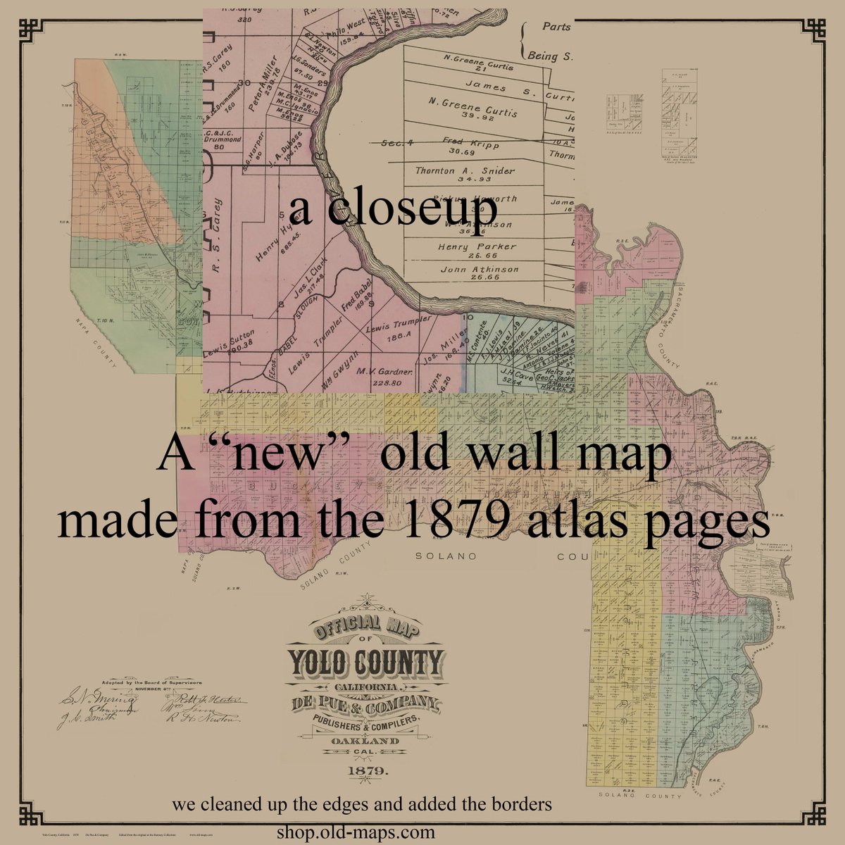 OldMaps1's tweet photo. Yolo County in 1879. We edited the images from the David Rumsey site's  atlas to make a "New" county wall map. Farm lines. Owners names. Prints at https://t.co/FqmLVamKIk &amp;  #etsy shop:  https://t.co/4wkHiOoqUu #yolocounty #sacramentohistory #californiahistory #davisca https://t.co/O13tPNB8R5