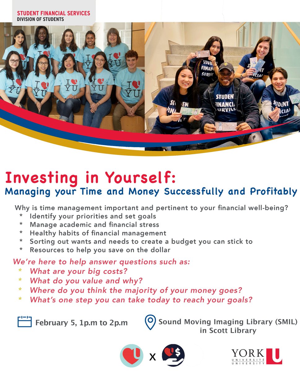 Have you heard?! We've teamed up with Student Financial Services to bring you a joint workshop called "Investing in Yourself: Managing Your Time and Money Successfully and Profitably." Join us on Wednesday, February 5th from 1-2 at SMIL!

(Yes, it counts towards your Passport!)