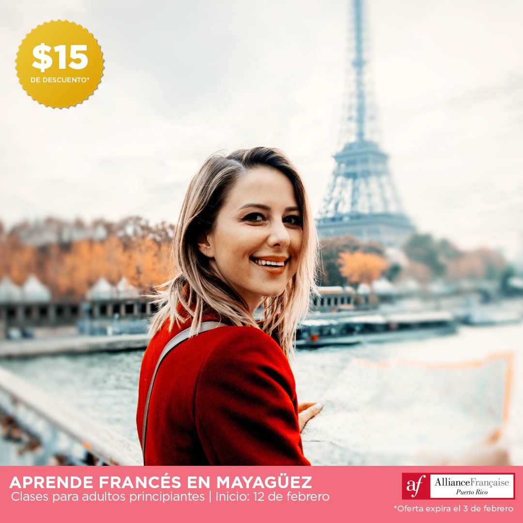 AFpuertorico's tweet photo. ¿Vives en el Área Oeste? Nuestro curso de #francés para adultos principiantes comienzan el miércoles 12 de febrero en #Mayagüez. ¡Inscríbete ya y disfruta de $15 de descuento*!

MIÉRCOLES
6:30 – 8:30 PM
Sesión de 16 semanas

https://t.co/qlJ7Hsm4Sv

*Hasta el 3 de febrero. https://t.co/8B4wIq9qrU