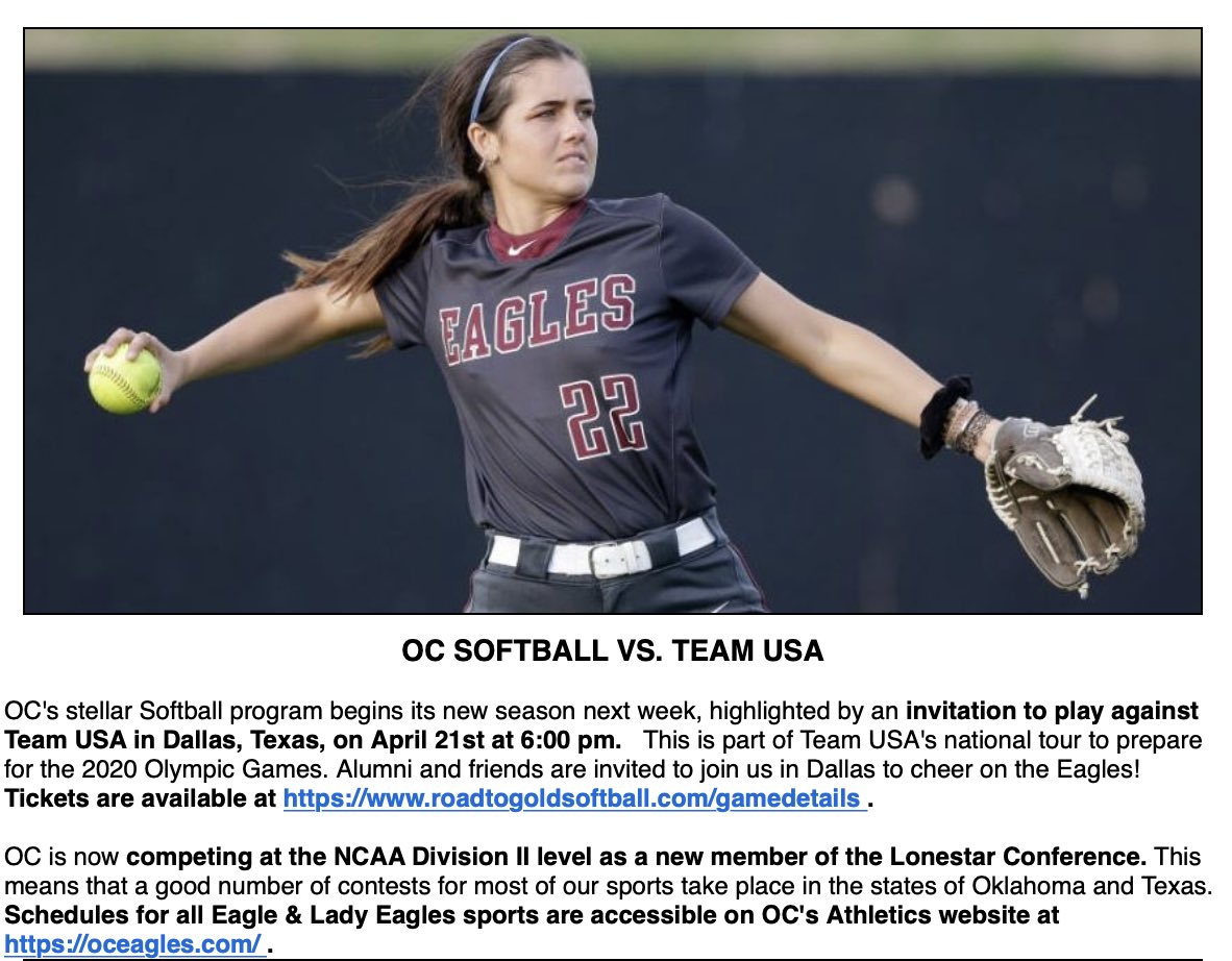 OCEaglePR's tweet photo. Shoutout to our very own @lindseystoecke1 for being featured in the @okchristian @OCAlumni newsletter. We are proud of you and the @OCeaglesSB! https://t.co/m5SERaRxdF
