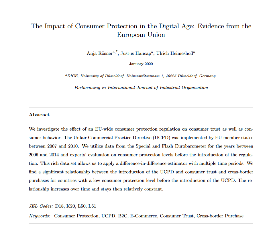DICEHHU's tweet photo. Out Now: DICE #Discussion Paper No 330: "The Impact of Consumer Protection in the Digital Age: Evidence from the European Union", by @AnjaRoesner, @haucap and Ulrich Heimeshoff. Download:
https://t.co/9e9jZjxVel https://t.co/UDy5cdpqle
