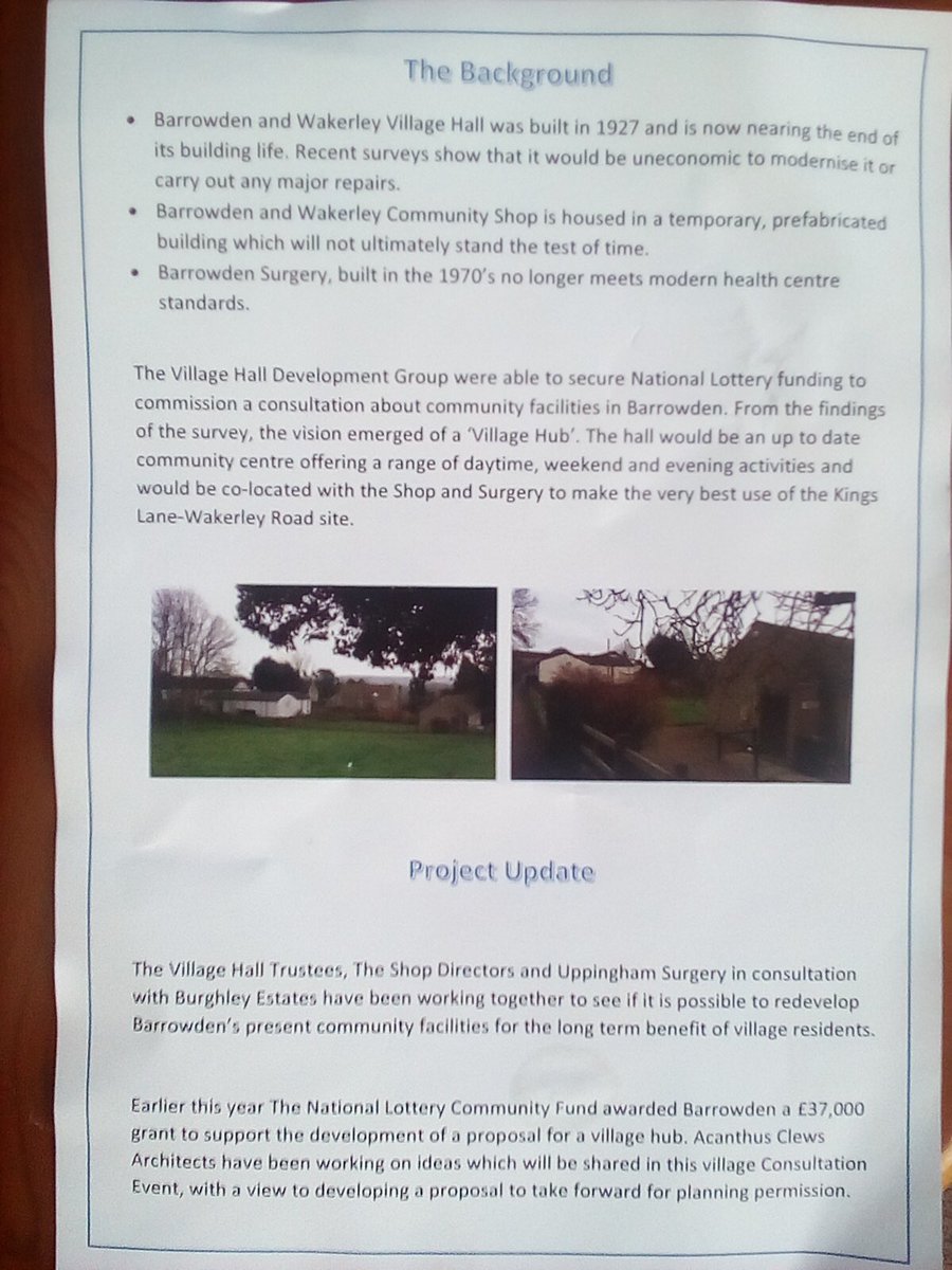 Save the dates - Friday 31st January and Saturday 1st February. Village Hall Consultation. <a href="/barrowdenshop/">Barrowden Shop</a> <a href="/BarrowdenCC/">Wakerley&BarrowdenCC</a> <a href="/BarrowdenPub/">Exeter Arms Barrowden</a> <a href="/north_luffenham/">North Luffenham</a> <a href="/Harringworth/">Harringworth Village</a> @BrownCllr
