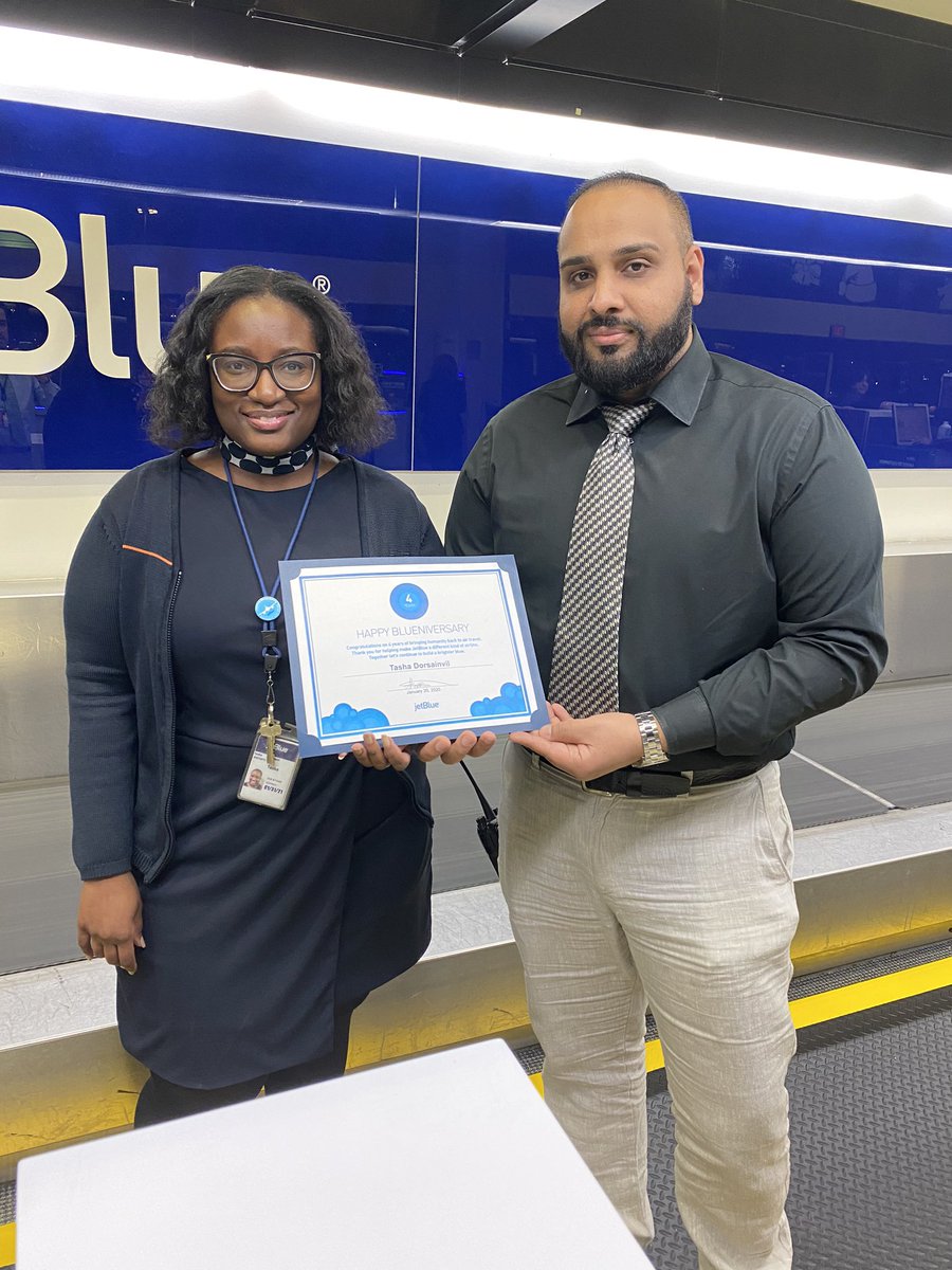 Juan_Ruano_'s tweet photo. Shahid recognized Tashaโs 4 years @JetBlue!! #LONGEVITY #crewrecognition #culturematters https://t.co/XVdeP4Pvow
