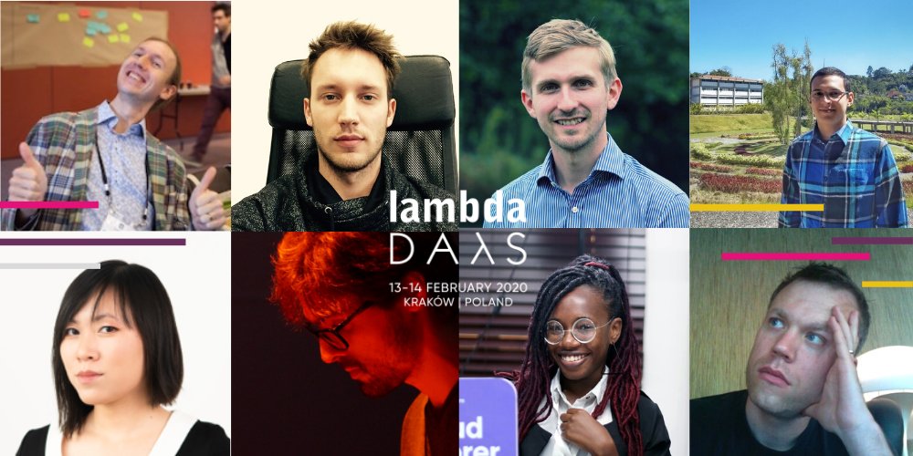 Banner for Lambda Days Developer Conference, 13.-14. February 2020 in Kraków, Poland. Banner image shows portraits of eight people.