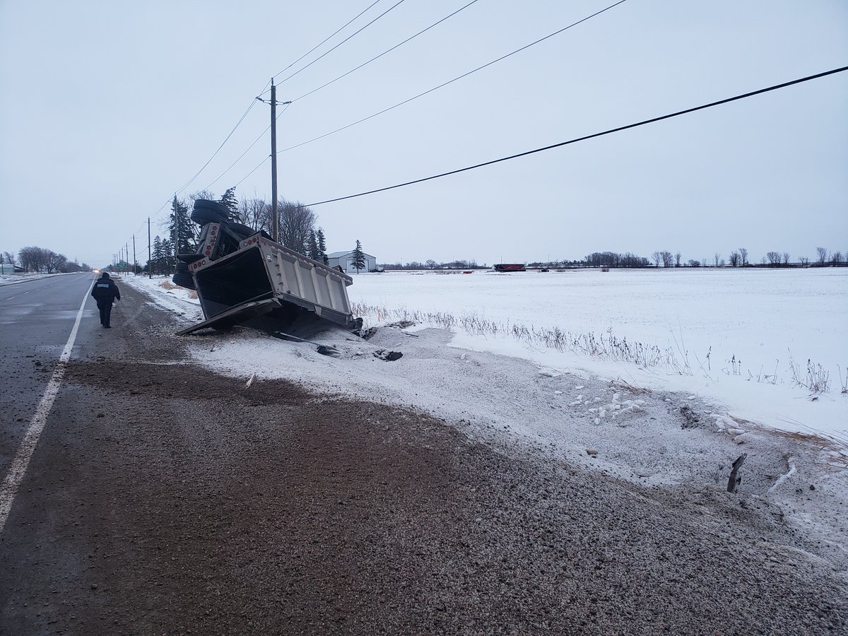 OPP_WR's tweet photo. Road 8 between Roads 109 and 110, southwest of Shakespeare, is closed for an unknown duration after a truck carrying road salt overturned at about 7:30 this morning.  Minor injuries to the driver.  Ministry of the Environment and MTO also on scene.  ^dr https://t.co/hTsWGycHfG