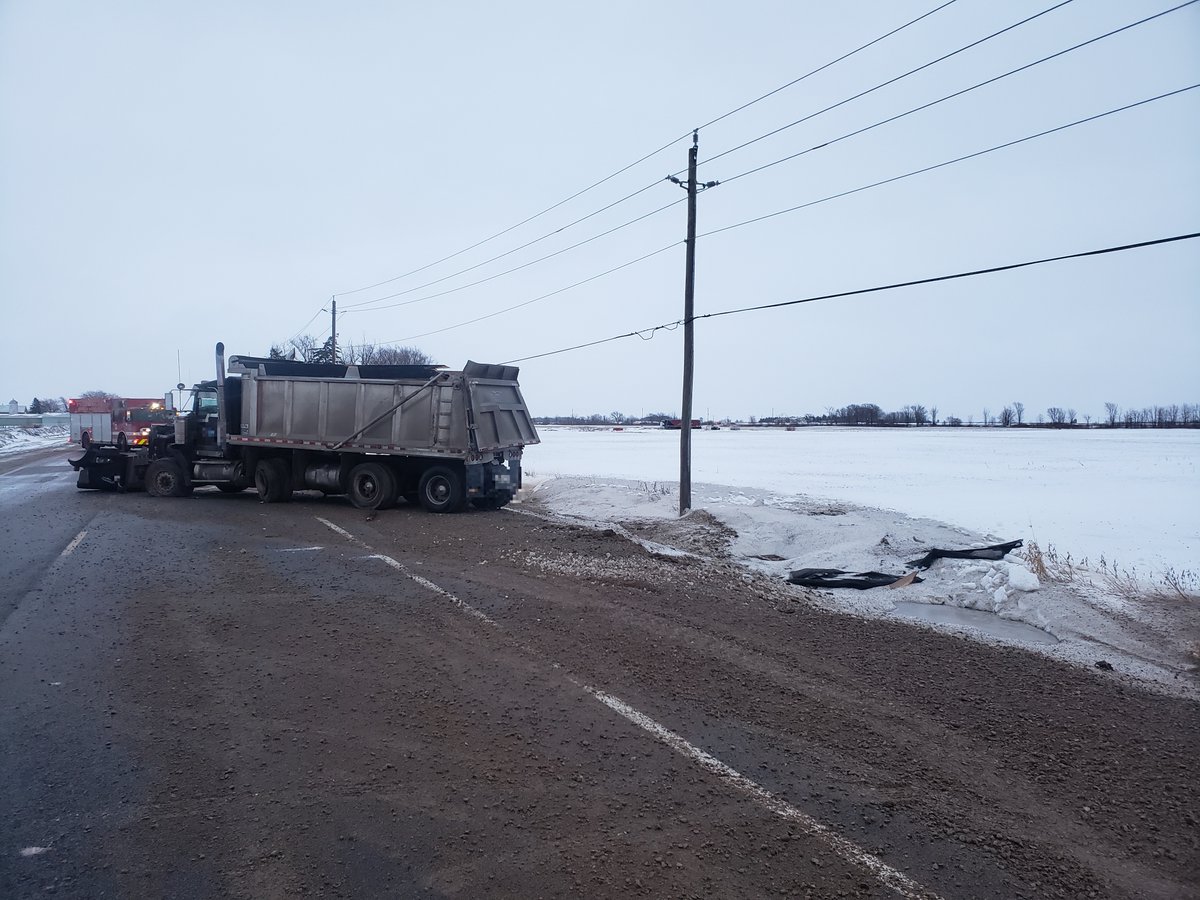 OPP_WR's tweet photo. Road 8 between Roads 109 and 110, southwest of Shakespeare, is closed for an unknown duration after a truck carrying road salt overturned at about 7:30 this morning.  Minor injuries to the driver.  Ministry of the Environment and MTO also on scene.  ^dr https://t.co/hTsWGycHfG
