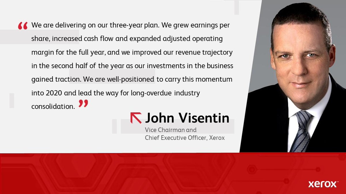 We ended 2019 stronger, delivering full-year results that are ahead of schedule on almost all financial metrics. We are excited about the future and the direction of the company. Thank you to #TeamXerox for helping us elevate our game. xerox.bz/2GxsIUx
