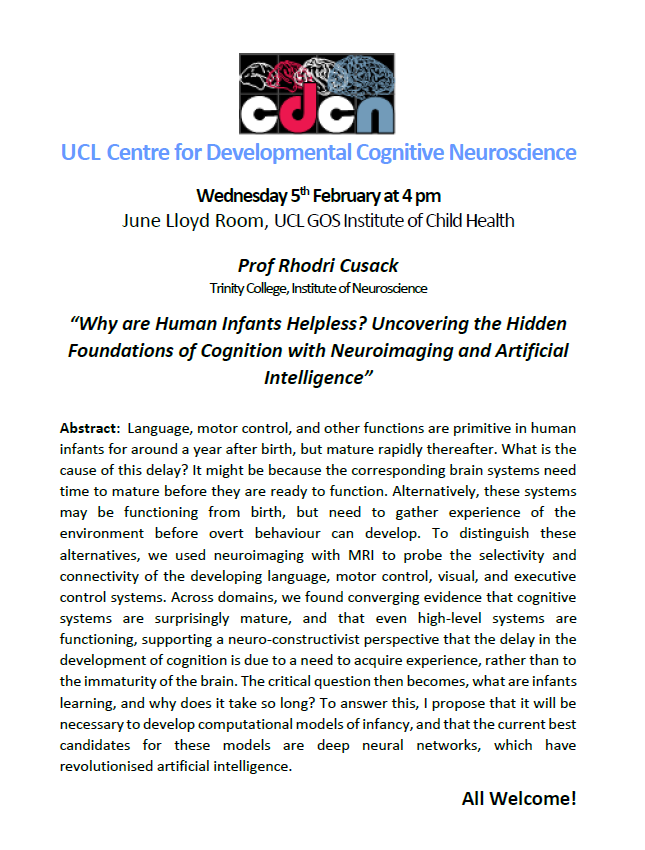 UCLCDCN's tweet photo. We are looking forward to our seminar with Prof Rhodri Cusack (Trinity College, Institute of Neuroscience) on 5 February:  “Why are Human Infants Helpless? Uncovering the Hidden Foundations of Cognition with Neuroimaging and Artificial Intelligence”. All welcome! https://t.co/vkQ84PRvnX