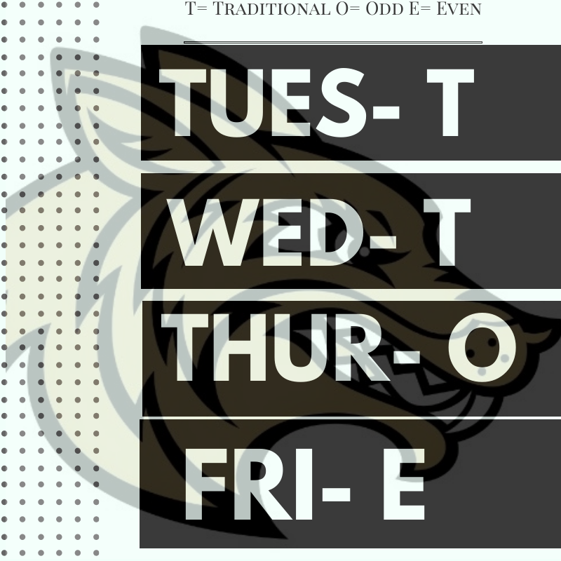 CalabasasHS's tweet photo. This week's schedule is as follows. Tuesday=Traditional Wednesday= Traditional, Thursday= Odd, Friday = Even. Happy 2nd semester start! #chs #bellschedule #lvusd https://t.co/mnuxNzluwk