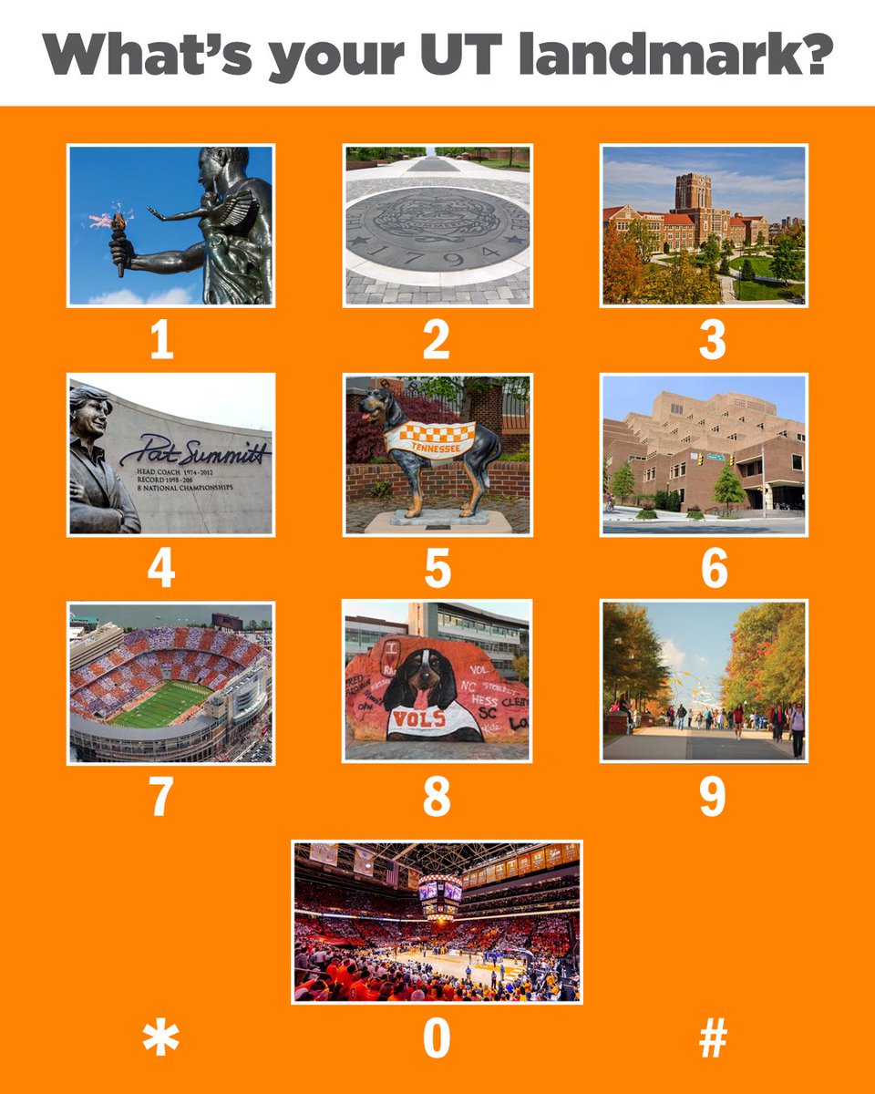 UTK_Housing's tweet photo. The last digit of your phone number reveals which iconic UT landmark represents you! https://t.co/cGdP4gT83j