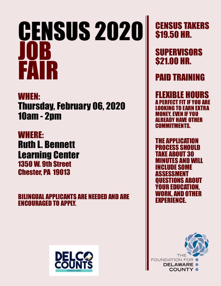 DelcoCounts's tweet photo. Looking for work with flexible hours and competitive pay? The Census Bureau is hiring workers for the upcoming Census. Find out more at a hiring event on Feb. 6 from 10am-2pm hosted by the The Foundation for Delaware County. #DelcoCounts https://t.co/pWqRqcKaIc