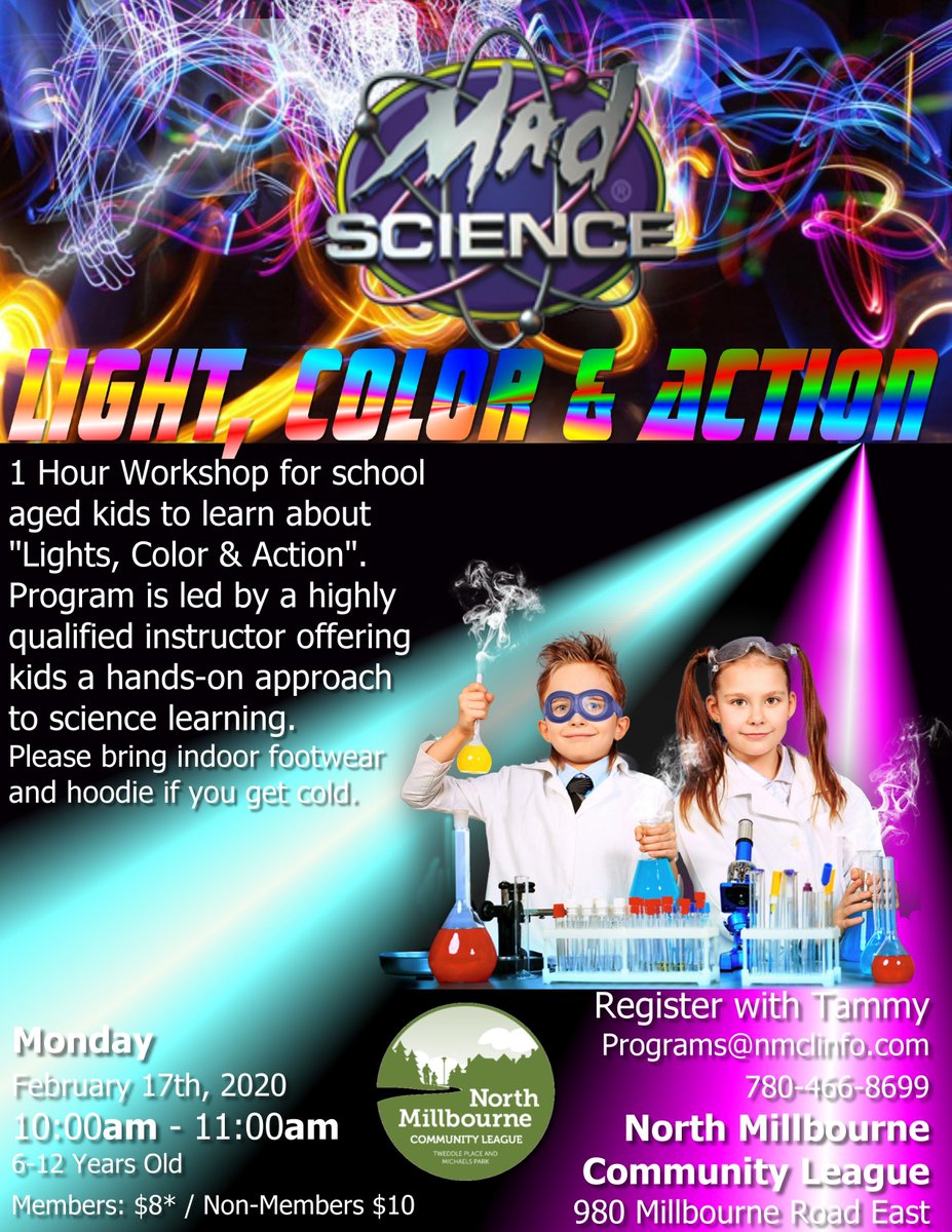 nmclinfo's tweet photo. Calling all young geniuses!
Lights, Colour, Action!!!
Looking for some Family Day fun for your 6-12 year olds? Contact Tammy to register now: programs@nmclinfo.com or 780-466-8699.
#NMCLprograms #NMCLkids #NMCL #NMCLfun #familyday #madscience #sciencecamp #yegprogramming @EFCL https://t.co/NgfA8JqQ6O