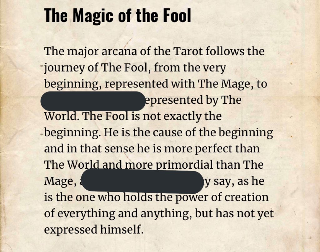 *Censoring some images randomly to give less exposure to dangerous knowledge*The Fool card is used in spell casting as a focus. He’s “not the beginning but the cause of the beginning”. 5/